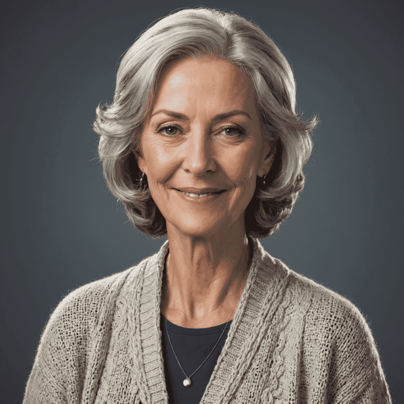 Sarah Thompson, a warm and friendly woman in her 60s with silver hair and a gentle smile, wearing a cozy cardigan