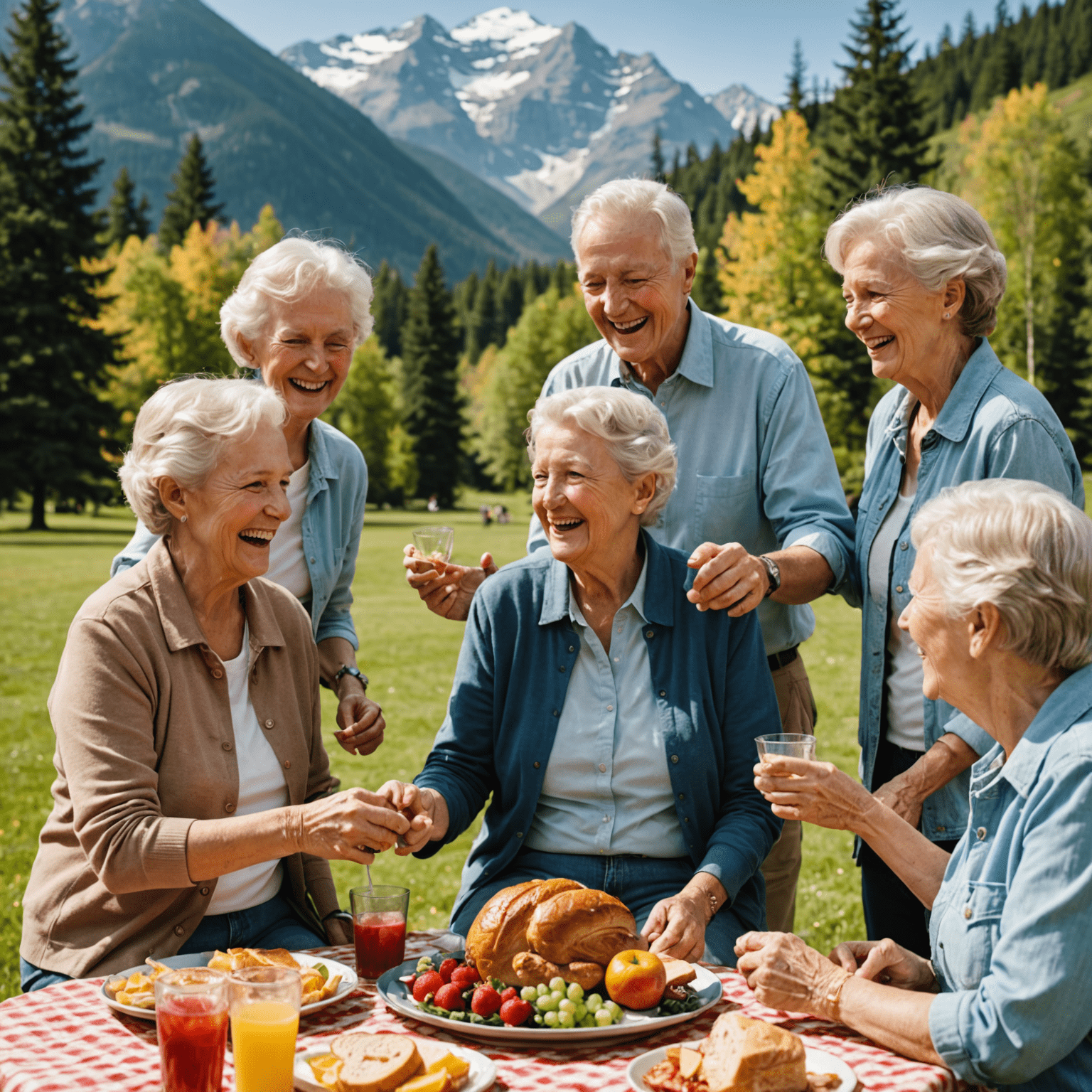 A group of happy senior citizens enjoying a picnic in a beautiful Canadian park, with mountains in the background. They are laughing, sharing food, and engaging in lively conversation, embodying the joyful and active retirement lifestyle possible in Canada.