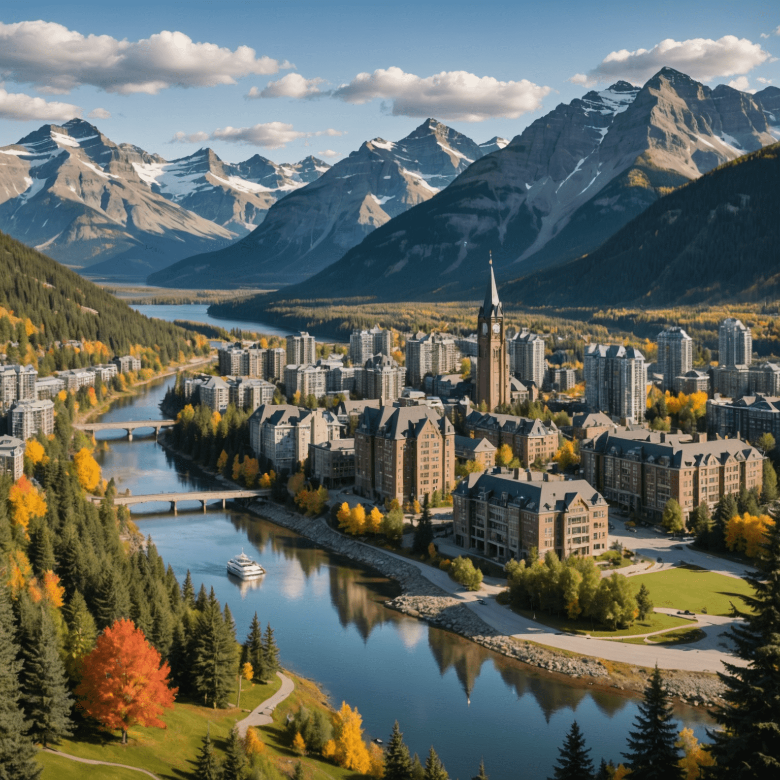 A picturesque Canadian cityscape with a mix of modern buildings and natural scenery, showcasing the beauty of retirement destinations in Canada