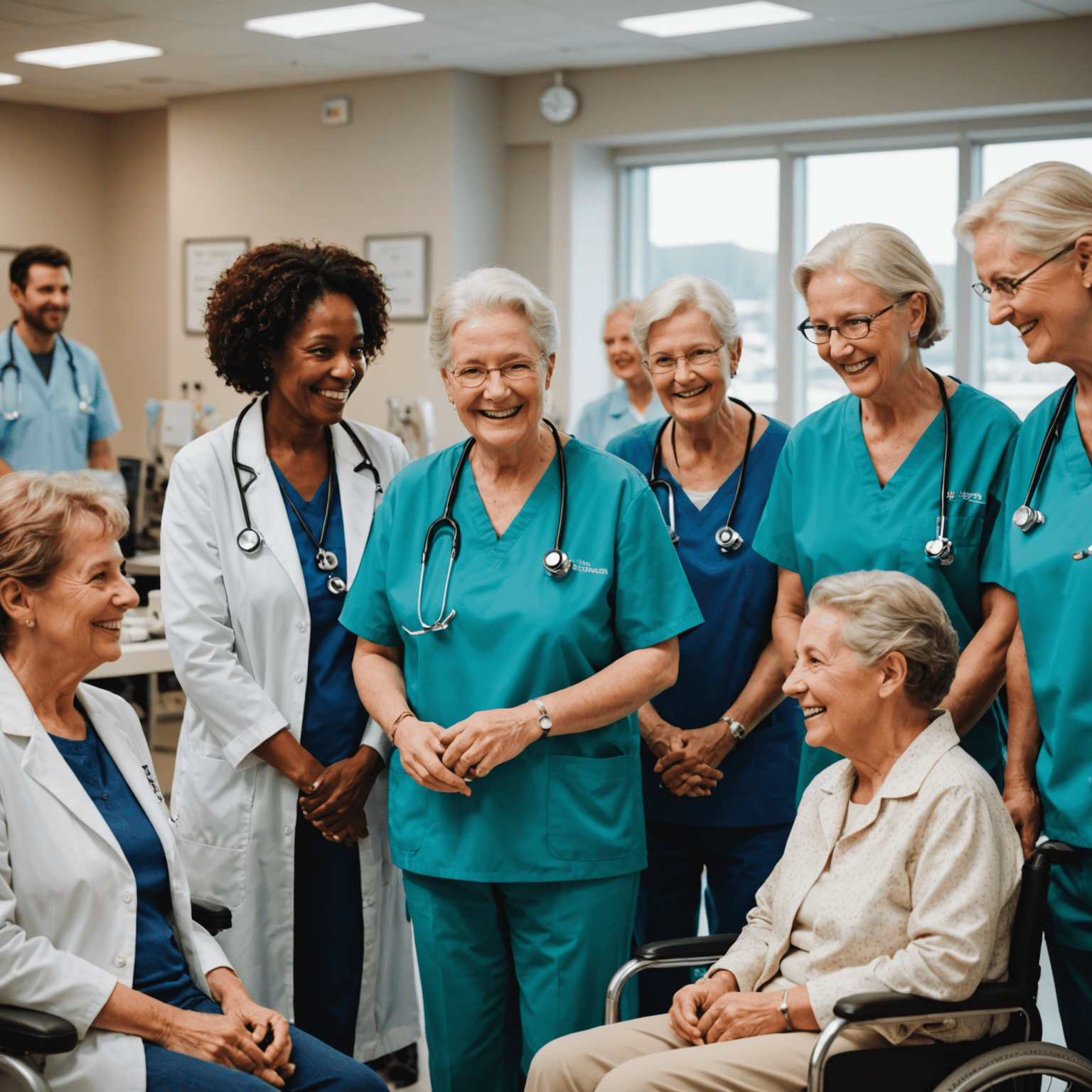 A group of diverse senior citizens smiling and interacting with healthcare professionals in a modern Canadian medical facility. The image showcases a warm and welcoming environment with state-of-the-art medical equipment in the background.