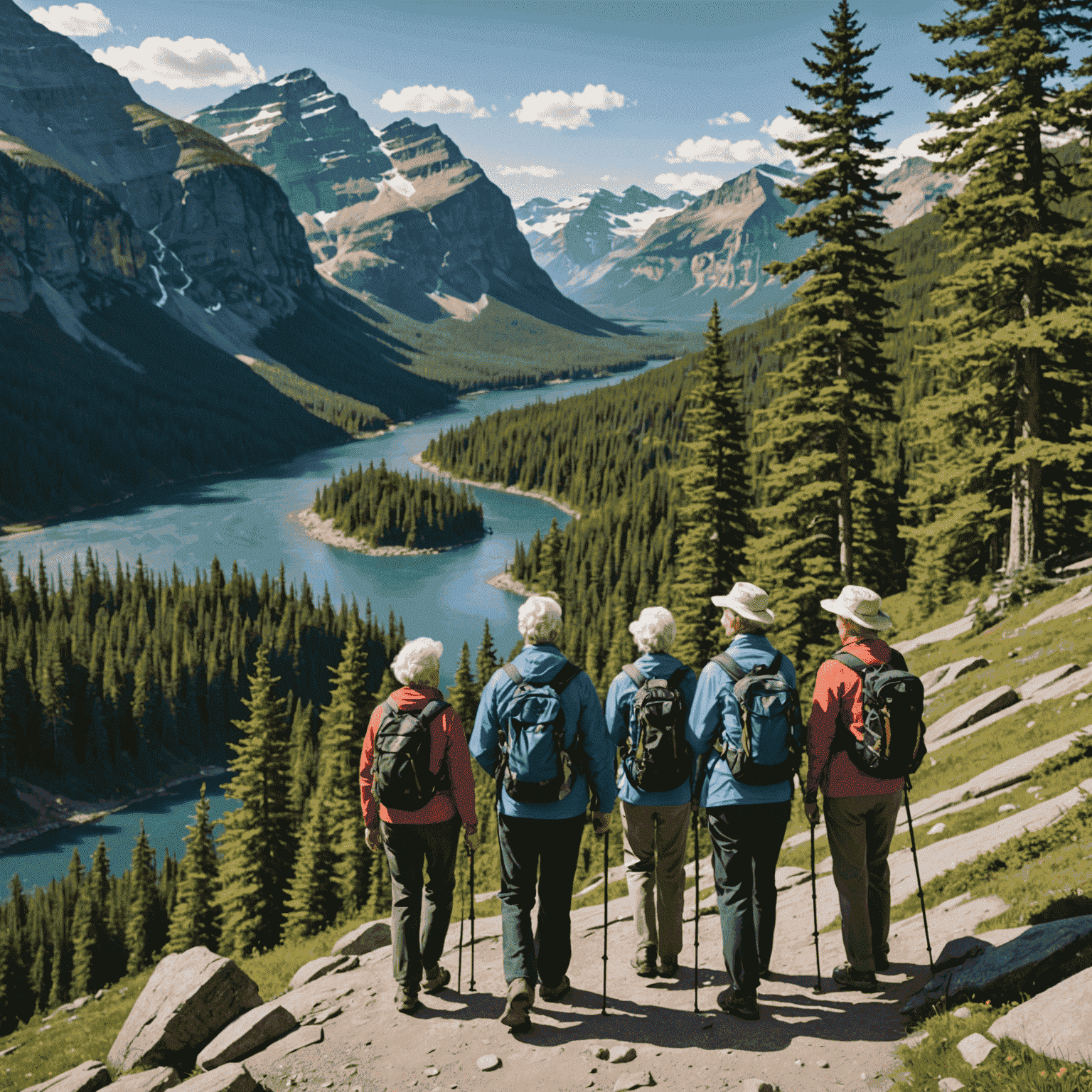 A group of senior hikers enjoying a scenic view of a Canadian national park, with mountains and forests in the background