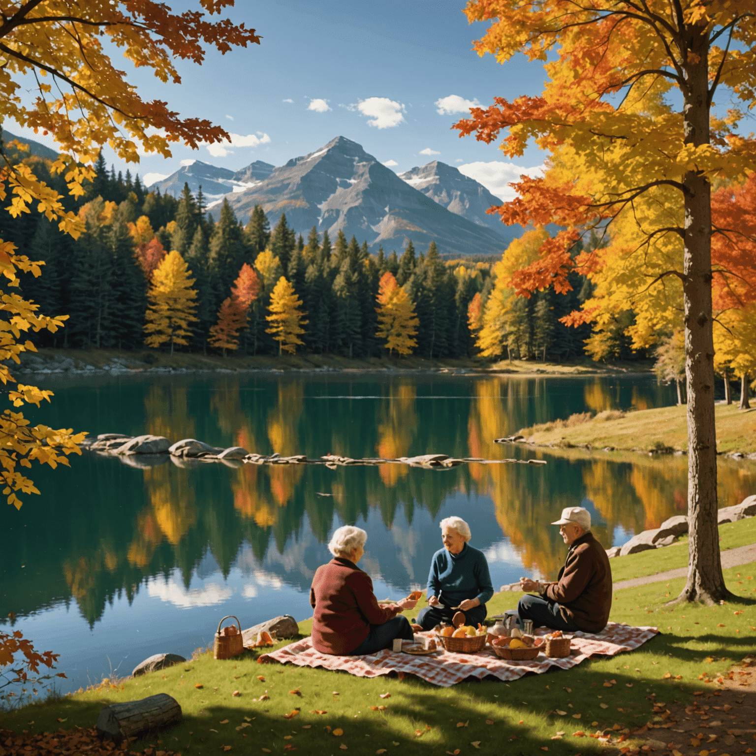 A serene Canadian landscape with a retired couple enjoying a picnic by a lake, surrounded by autumn foliage. The image conveys financial peace of mind and enjoyment of retirement.