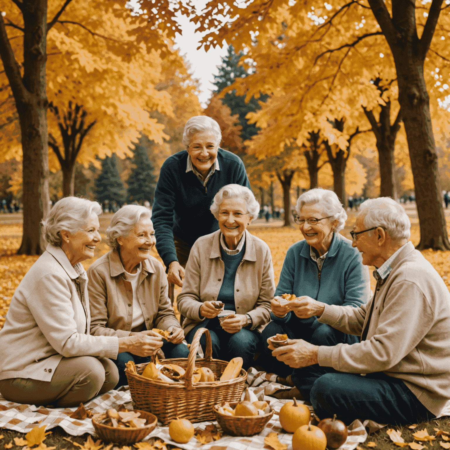 A group of smiling senior citizens enjoying a picnic in a beautiful Canadian park, with autumn leaves falling around them