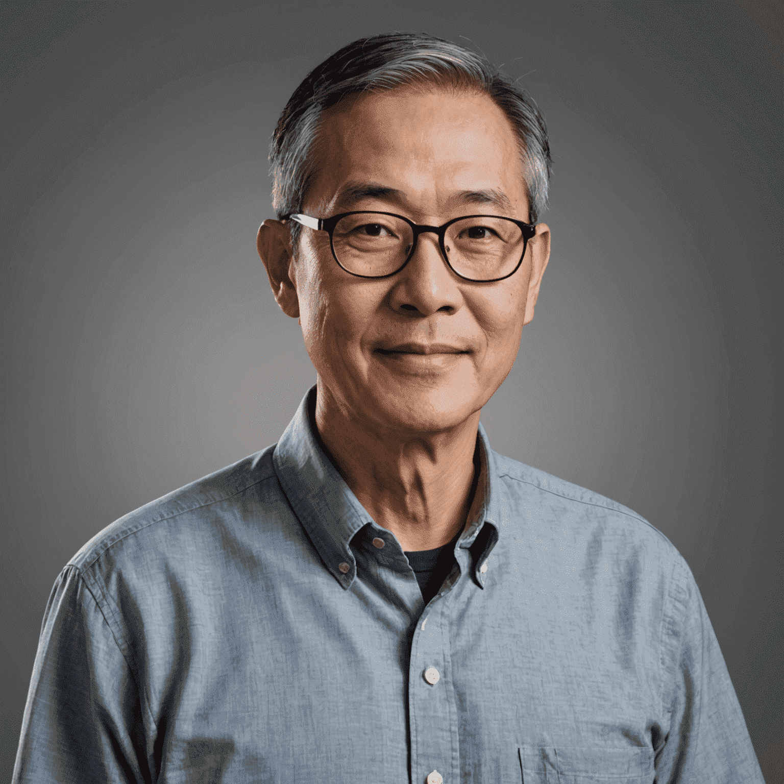 Robert Chen, a distinguished Asian-Canadian man in his 70s with glasses and a friendly expression, dressed in a casual button-up shirt