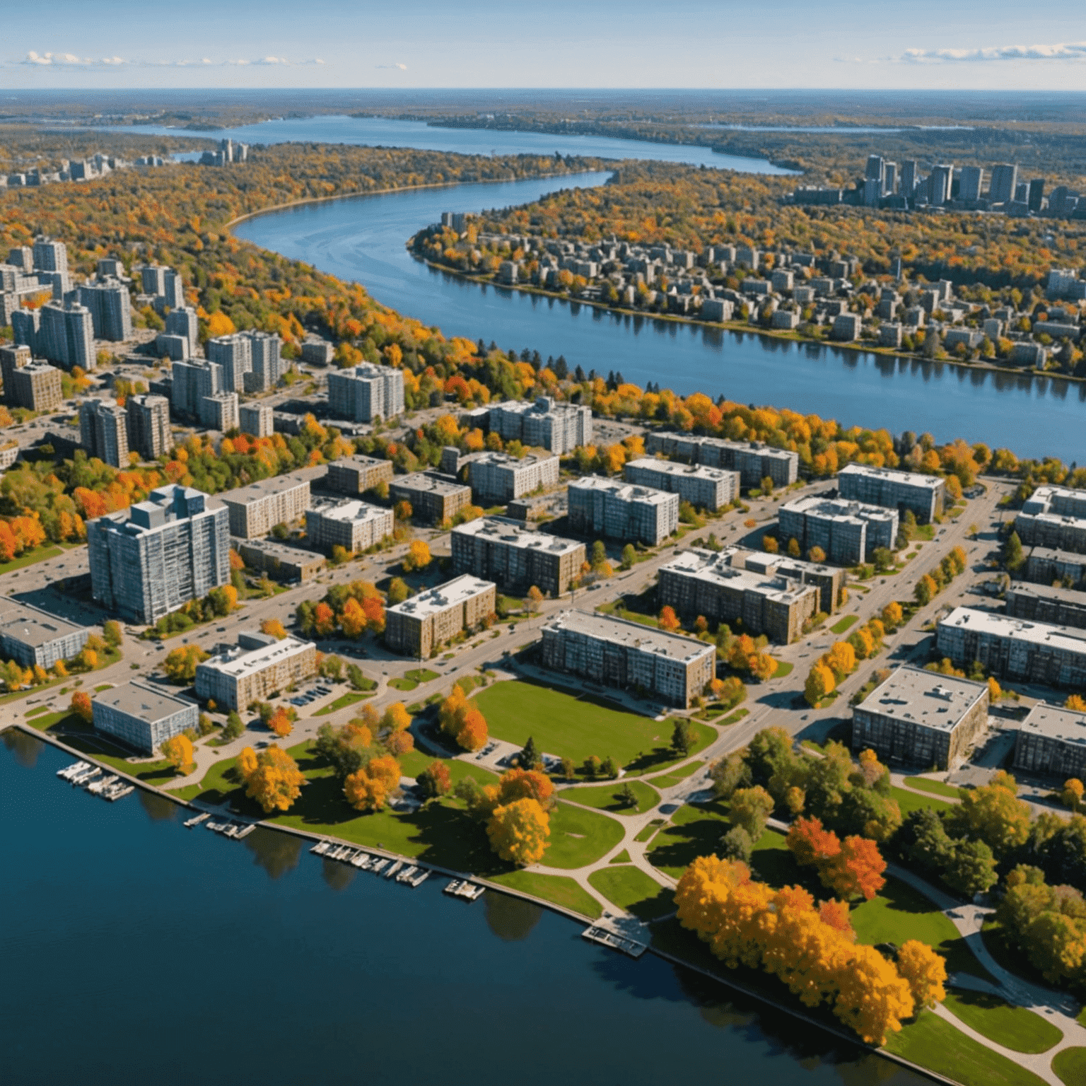 Scenic view of a peaceful Canadian city with parks, waterfront, and senior-friendly amenities