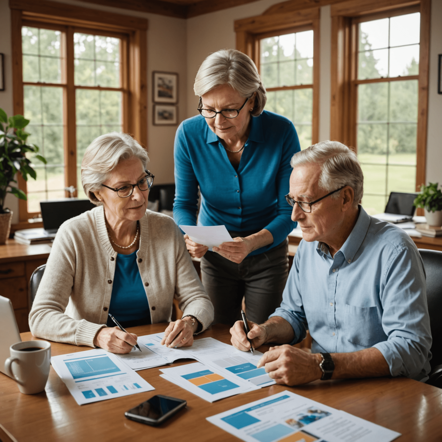 A retired couple reviewing health insurance documents with a financial advisor in a cozy home office. The scene depicts a relaxed atmosphere with Canadian healthcare brochures and a computer showing insurance comparison websites.