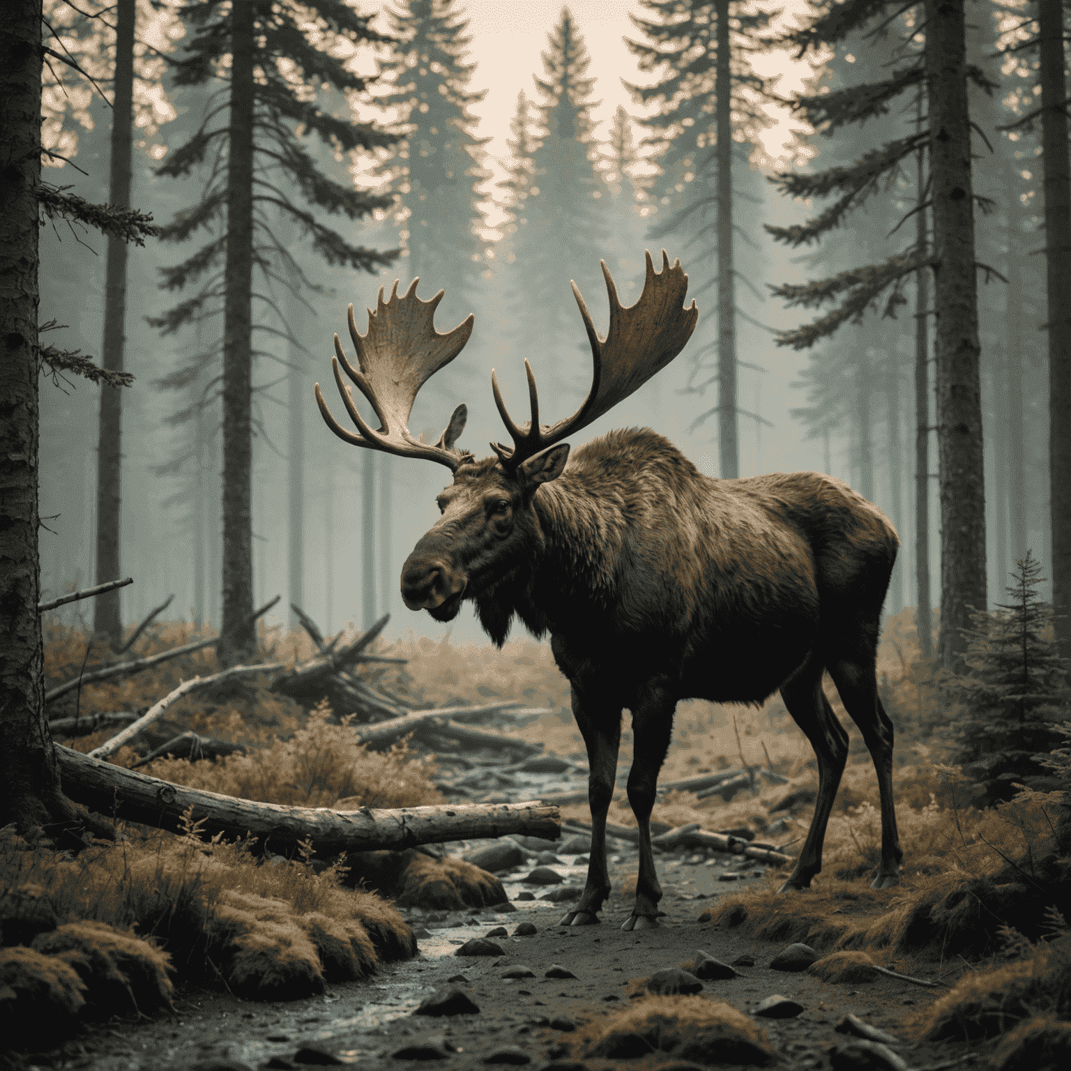 A senior photographer capturing an image of a majestic moose in a misty Canadian forest at dawn