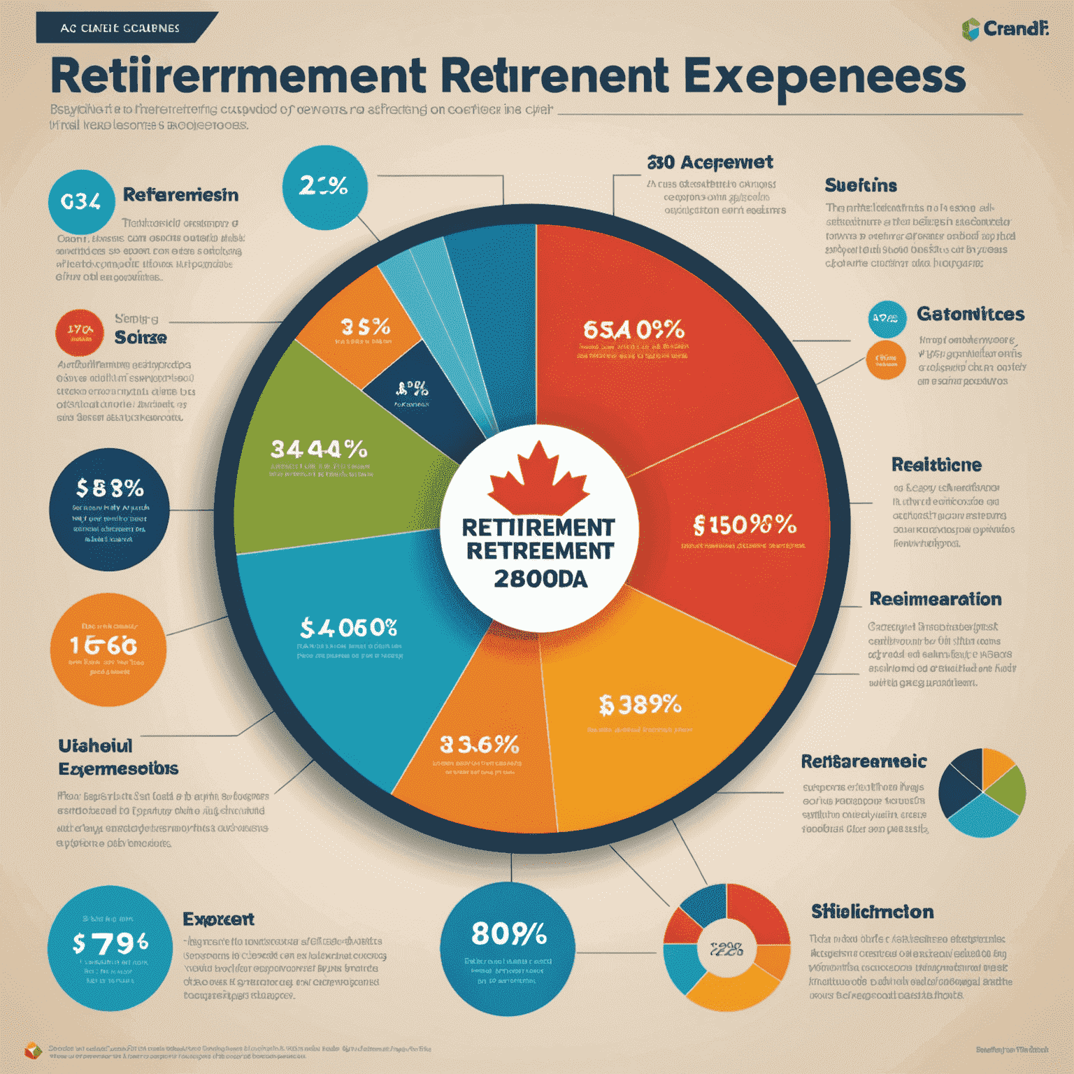 An infographic showing a pie chart of typical retirement expenses in Canada, including housing, healthcare, food, transportation, and leisure activities.