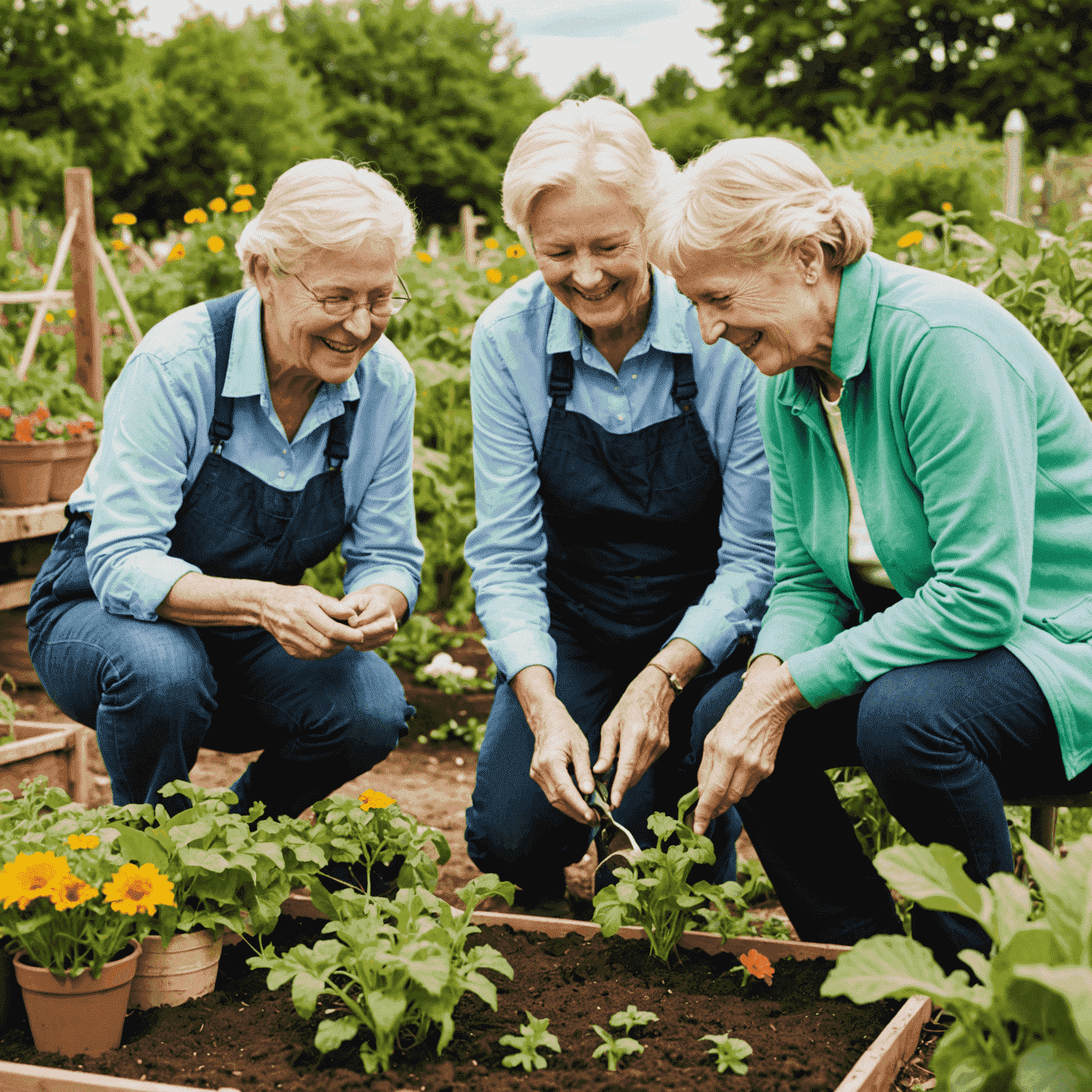 Senior volunteers working together at a community garden, planting flowers and vegetables while chatting and laughing