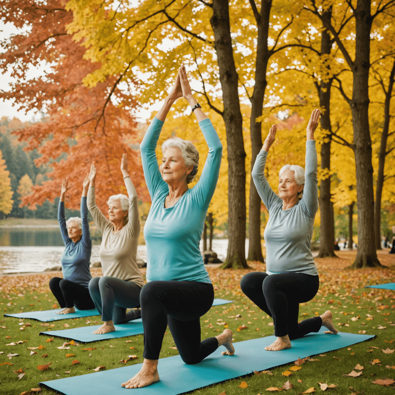 A group of active seniors participating in a yoga class in a beautiful Canadian park. The image shows people of various ages and abilities enjoying outdoor exercise with a backdrop of autumn trees and a serene lake.