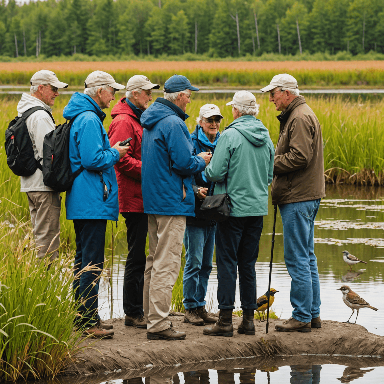 A group of senior birdwatchers observing a variety of colorful Canadian birds at a wetland sanctuary