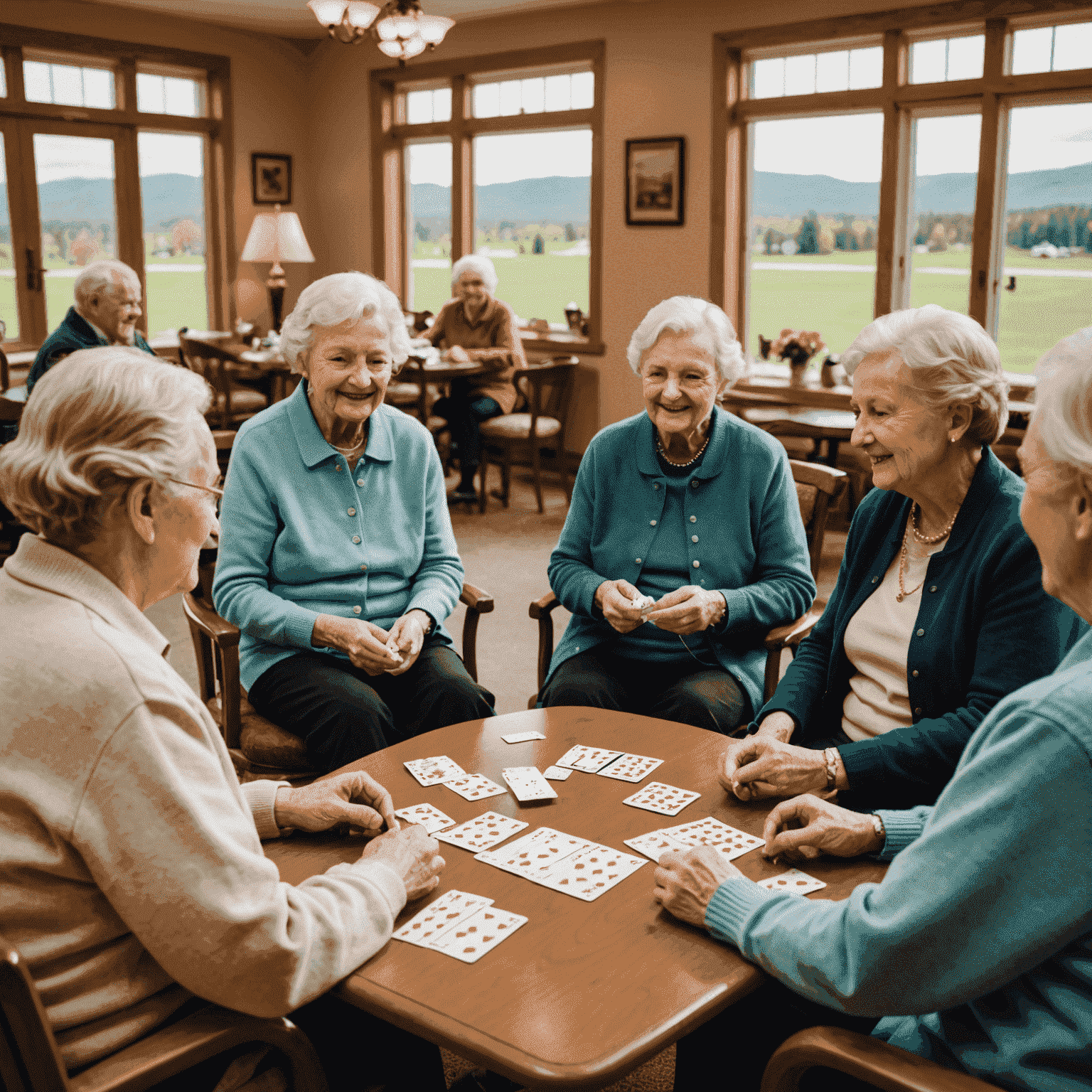 A group of seniors enjoying a game of cards in a cozy common room of a retirement community, with large windows overlooking a scenic Canadian landscape